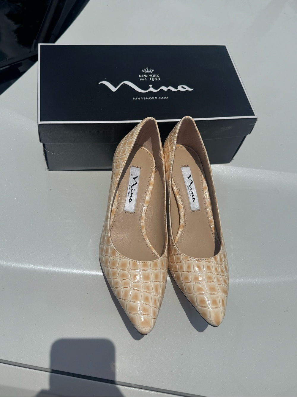 Nina Croc-Embossed Pointed-Toe Pumps in Beige Sz: 5